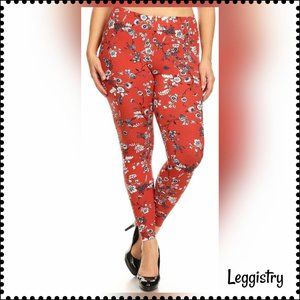 PLUS Buttery Soft Ruby Red Spring Floral Leggings